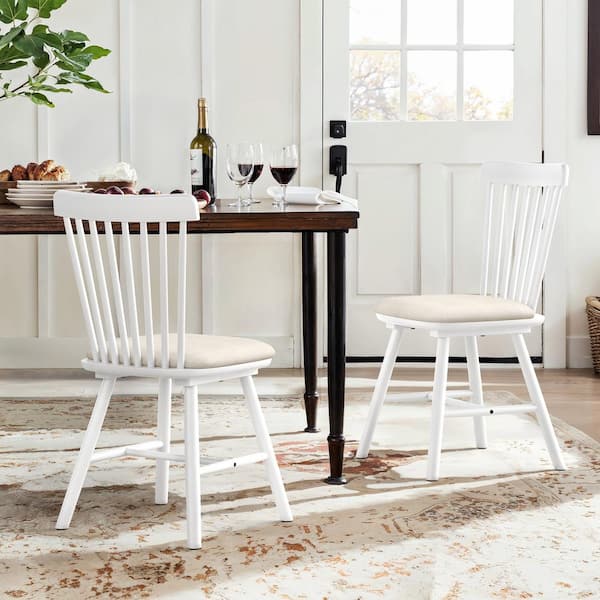 LUE BONA Winnie 18 in. Linen Cushion White Frame Classic Windsor Back Solid Wood Dining Chair (Set of 2)