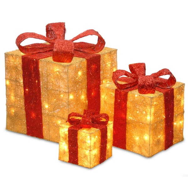 Pre-Lit Gold Sisal Gift Box Assortment