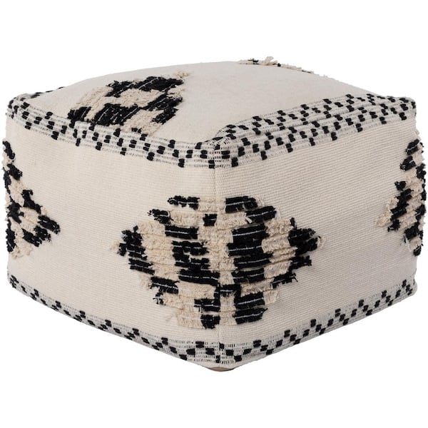 Livabliss Alton Medallion Cream/Black Cotton Rectangle Accent Pouf