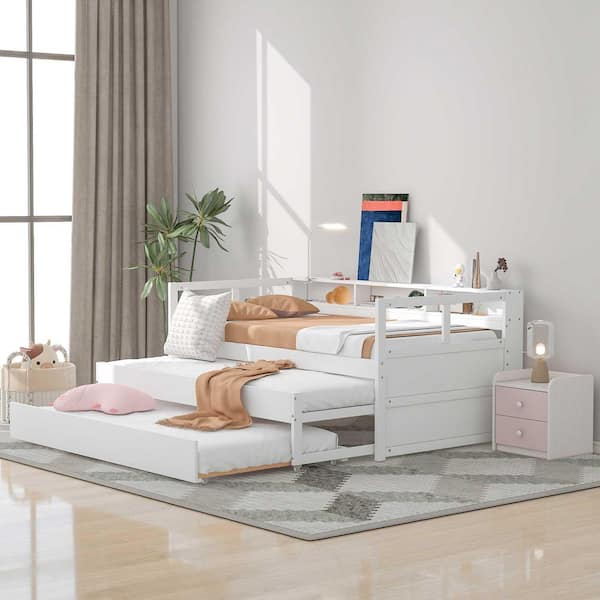 White Twin Daybed with 2-Trundles, 3-Storage Cubbies, 1-Light and USB