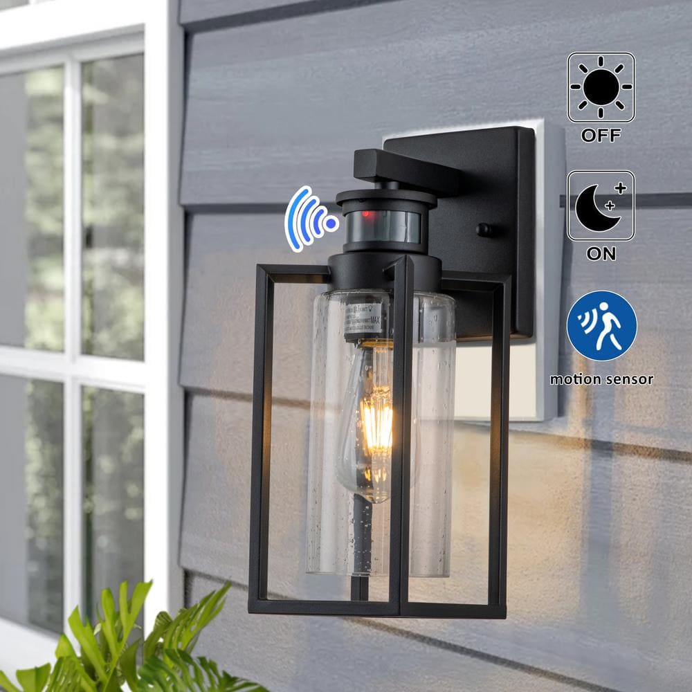 Matte Black Motion Sensor Outdoor Wall Lantern with Clear Glass