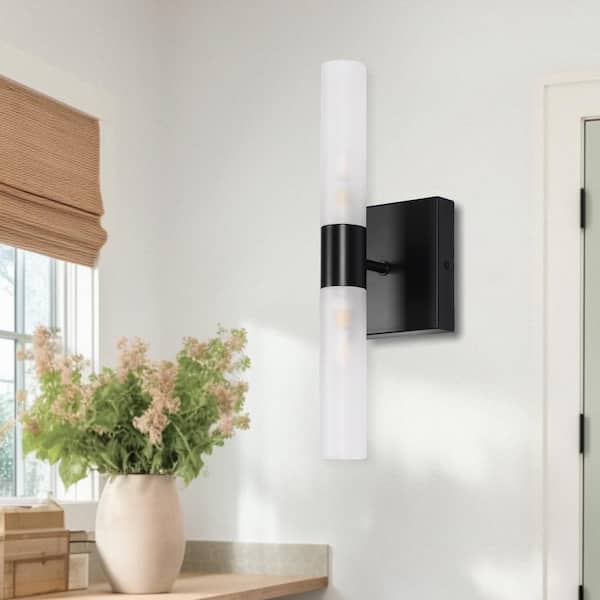 Briignite 3.94 in.2-Light Matte Black Wall Sconces with Frosted White Glass Shade