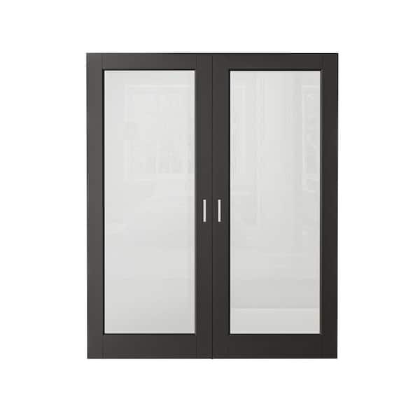 64 in., x 80 in., (Double 32 in.) 1-Lite Frosted Glass Black Solid Core Wood French Doors Interior Door Slab+ Ball Catch