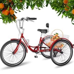 Blue & Red 26 in. 3-Wheel Bikes for Adults 7 Speed Adult Trikes Bicycles Cruise Trike with Shopping Basket