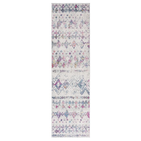 SAFAVIEH Madison Grey/Purple 2 ft. x 12 ft. Geometric Floral Runner Rug