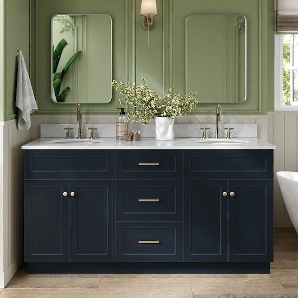 Hamlet 66 in. W x 22 in. D x 35.25 Double Sink Freestanding Bath Vanity in Midnight Blue with Carrara White Marble Top