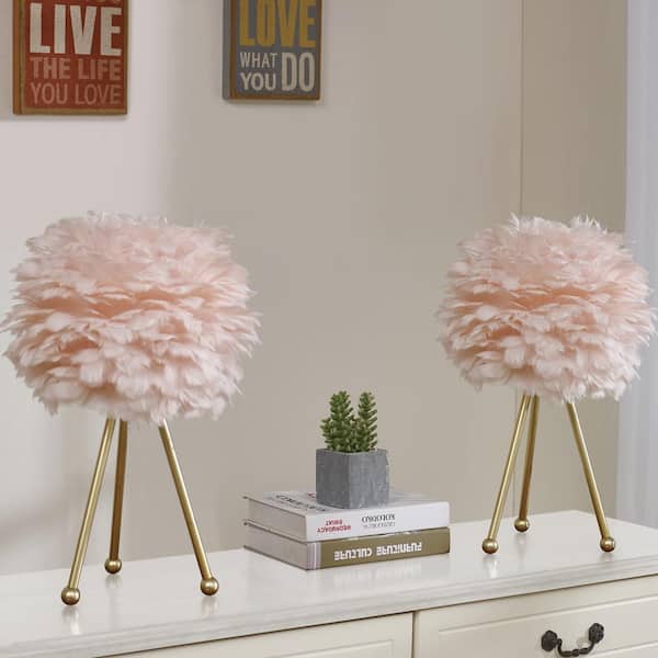 Maxax Columbus 19 " Gold Tripod Table Lamp Set With Pink Feather (Set of 2)