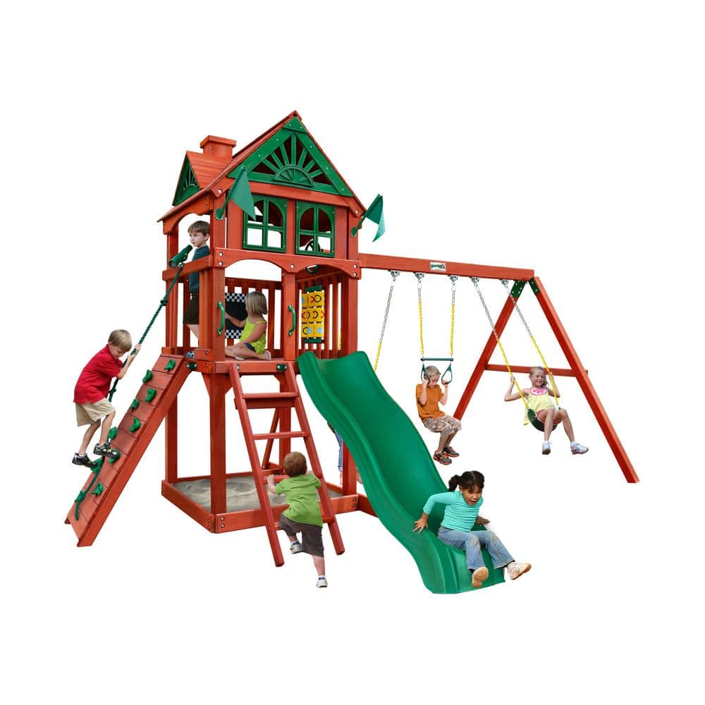 Gorilla Playsets Five Star II Wooden Outdoor Playset with Rock Wall, Wave  Slide, Sandbox, Swings, and Backyard Swing Set Accessories 01-0082-RP - The  Home Depot