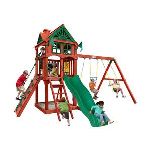 Five Star II Wooden Outdoor Playset with Rock Wall, Wave Slide, Sandbox, Swings, and Backyard Swing Set Accessories