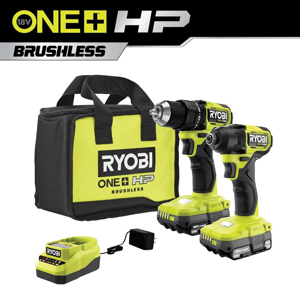 RYOBI ONE+ HP 18V Brushless Cordless Compact 1/2 in. Drill and Impact  Driver Kit with (2) 1.5 Ah Batteries, Charger and Bag PSBCK01K The Home  Depot