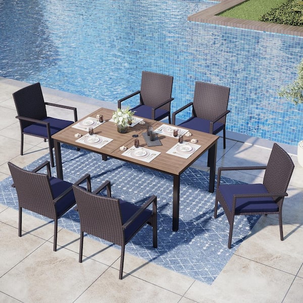 PHI VILLA Black 7-Piece Metal Patio Outdoor Dining Set with Straight-Leg Rectangle Table and Rattan Chair with Blue Cushion