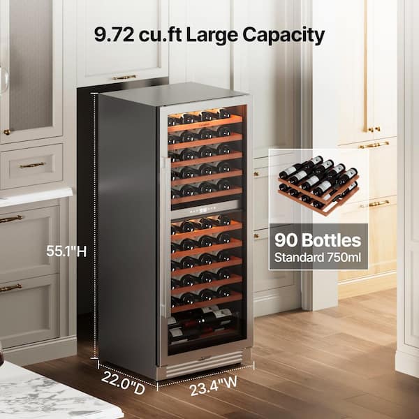 24 in. Dual Zone 90-Bottle Built-in Wine Cooler Fridge Wine Refrigerator in Stainless Steel