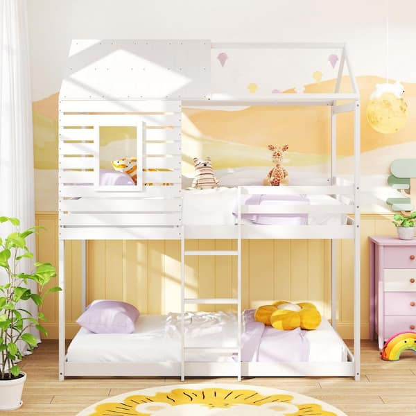 White Twin over Twin House Bunk Bed Low-to-ground Bed Frame w/ Roof Solid Wood Bed