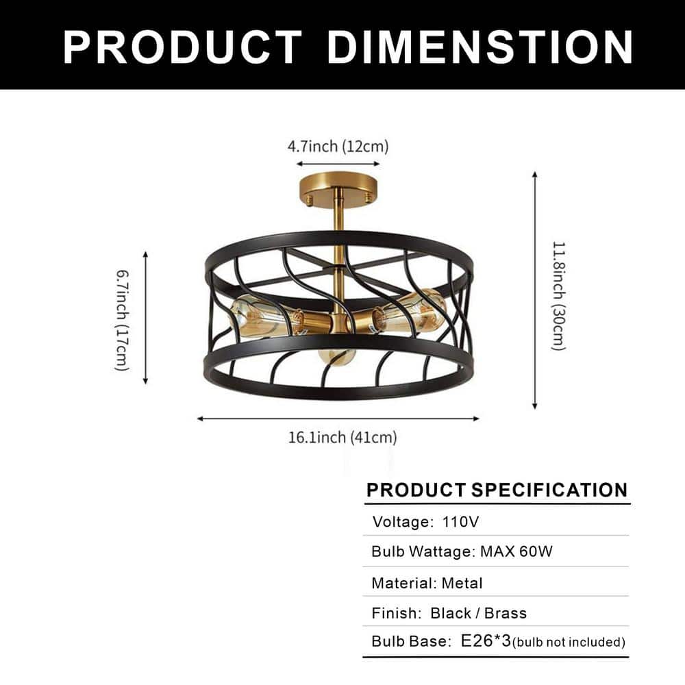 Black and Gold Metal Drum Semi-Flush Mount Ceiling Light