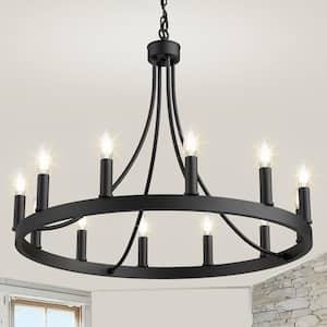 2 in. Farmhouse Chandeliers Over Table, 12-Light Round Rustic Industrial Black Chandelier for Dining Room Kitchen Island