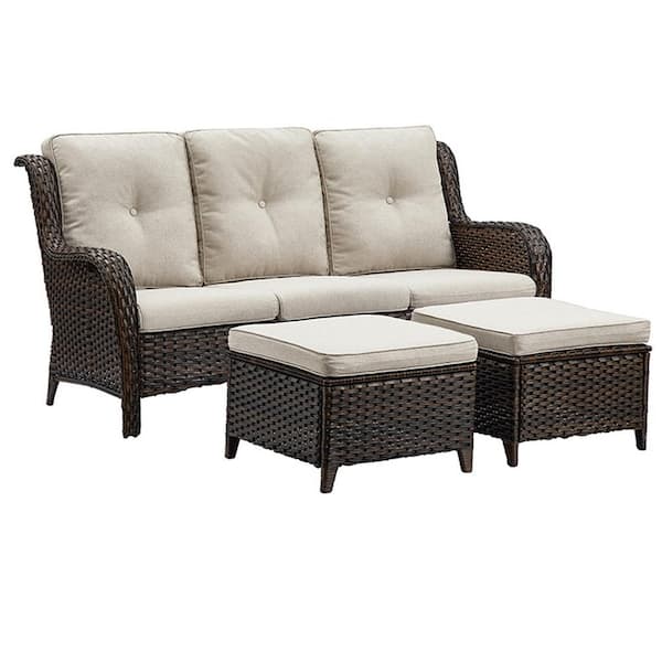 Brown 3-Piece Wicker Outdoor Patio Seating Conversation Set Sectional Sofa and Ottoman with Beige Cushions