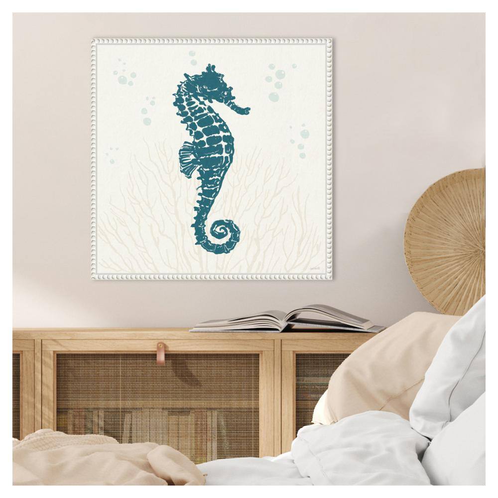 Nautical Blue Seahorse Print on Beaded Canvas Frame