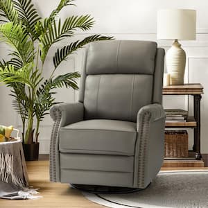Sonia Transitional Grey 30.5 in. Wide Genuine Leather Manual Rocking Recliner with Metal Base and Rolled Arms