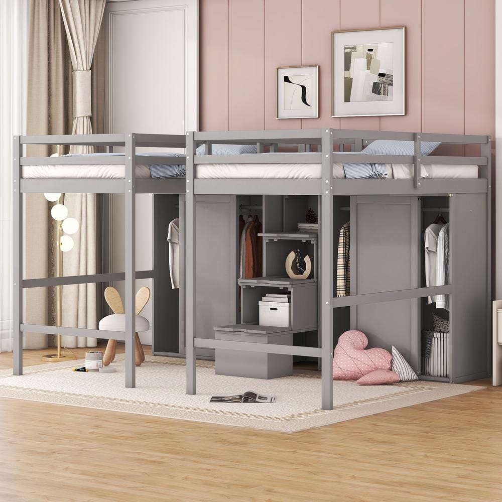 Harper & Bright Designs Gray Double Twin Loft Bed with 2 Wardrobes and ...