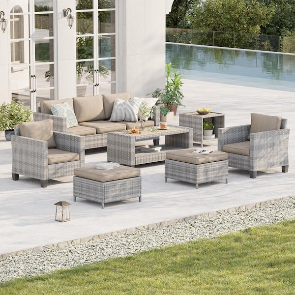 7-Piece Patio Conversation Set Grey Wicker Outdoor Furniture Set Three-Seat Sofa Thickening Cushions, Linen Flax Beige