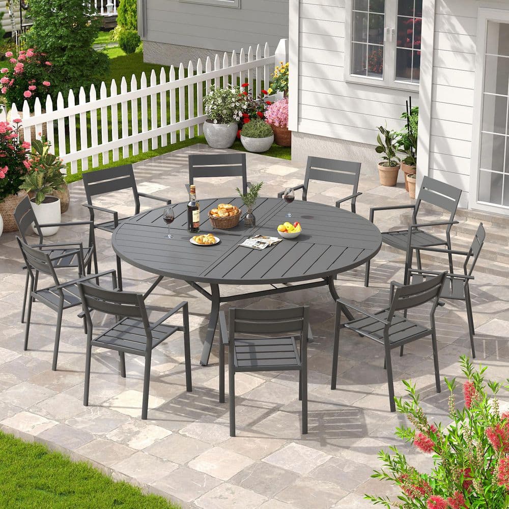 11-Piece All-Weather Metal Outdoor Dining Set with 59.8 in. Gray Round Patio Table and 10-Gray Stackable Dining Chairs price history on PriceWatchPro
