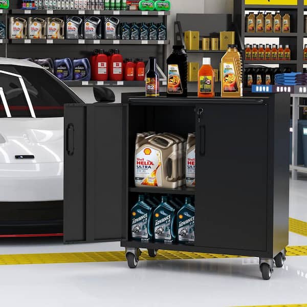 Damodpoy 16.5 in. W 2-Door 2-Shelves Black Steel Rolling Tool Cart