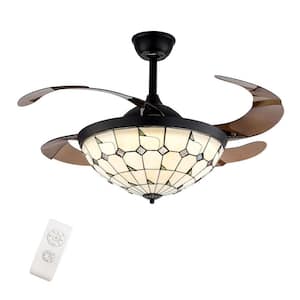 42 in. Vintage Indoor Retractable Blades Glass Lampshade Integrated LED Ceiling Fan with Remote Control