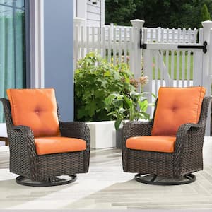 ArcoBay Metal and Brown Wicker Outdoor Rocking Chair Patio Swivel Chairs with Olefin Orange Cushions (2-Pack)