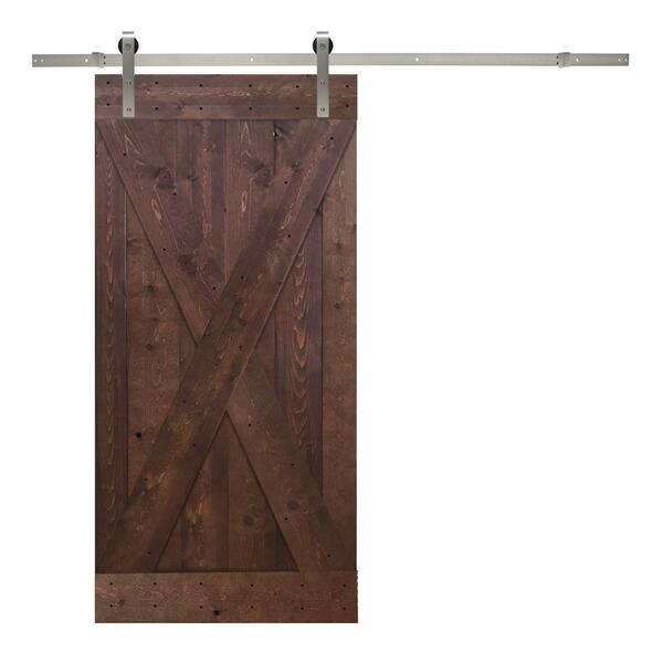 CALHOME 36 in. x 84 in. X-Panel Knotty Pine Wood Sliding Barn Door with Hardware Kit