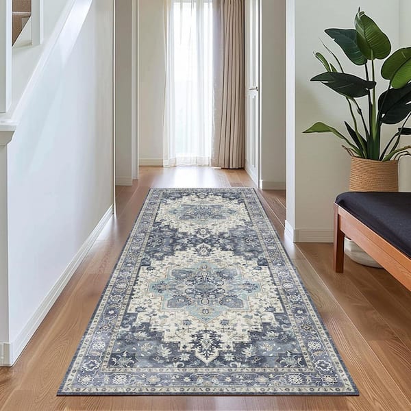 Medallion Navy Blue 2 ft. x 7 ft. Persian Area Rug