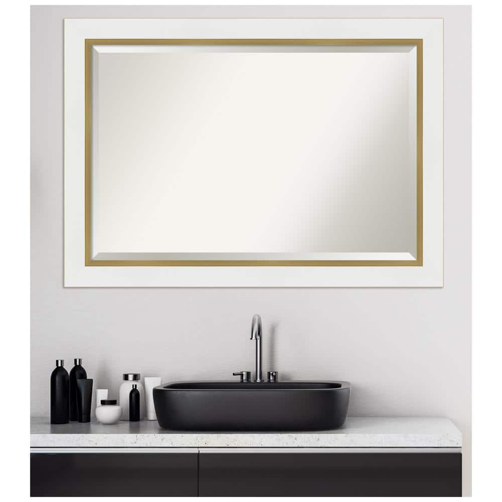 Eva White and Gold Rectangular Wall Mirror with Beveled Frame