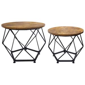 Brown Round Steel Outdoor Coffee Table Set of 2 with Wood Top