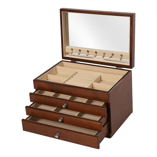 Large Wooden Jewellery Box Armoire Earrling Bracelet Organizer 6 Layers  Mirror (WHITE)