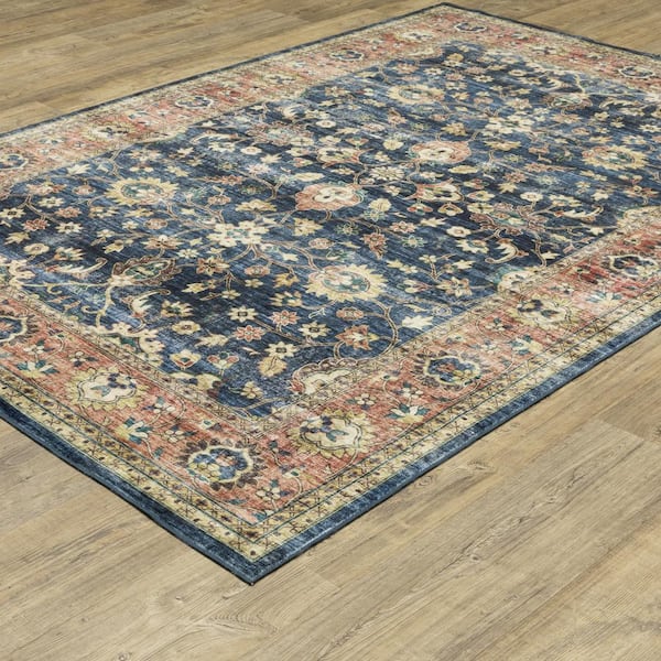 Summit Blue/Rust 5 ft. x 7 ft. Traditional Oriental Border Polyester Machine Washable Indoor Area Rug