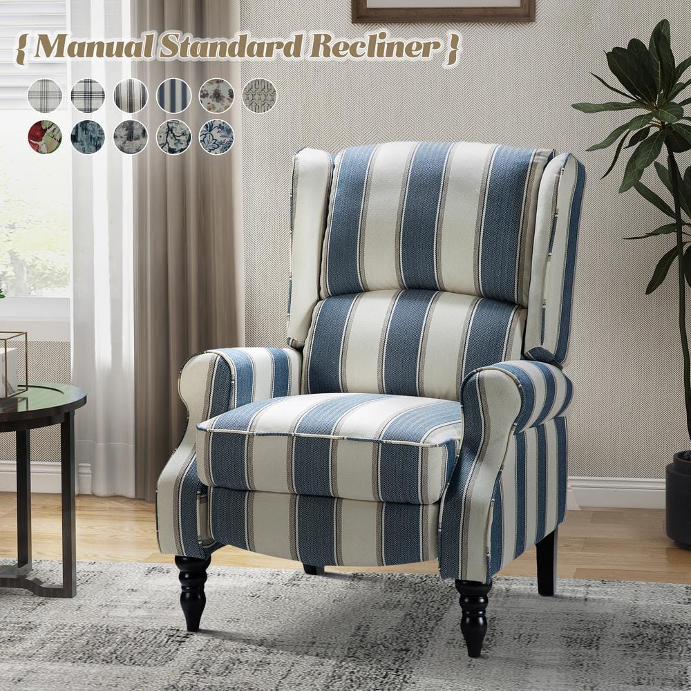 Stripe Navy Ergonomic Wingback Recliner Set with Wood Legs