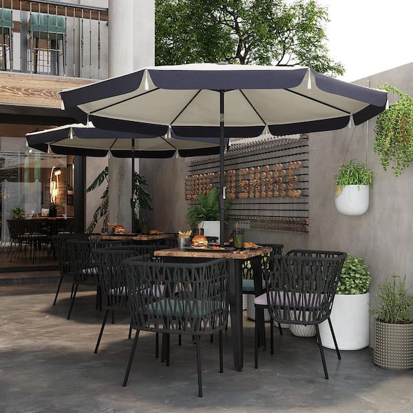 10 ft. Outdoor Market Umbrella with Fringe, Large Patio Umbrella for Poolside, Deck, Garden in White and Navy Blue