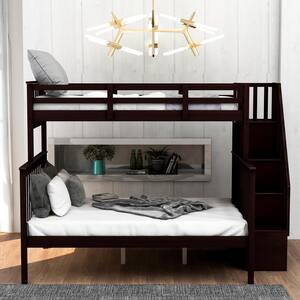 Espresso Twin Over Full Detachable Kids Bunk Bed with Staircases, Wood Bunk Bed with Storage Shelf and Safety Guardrails