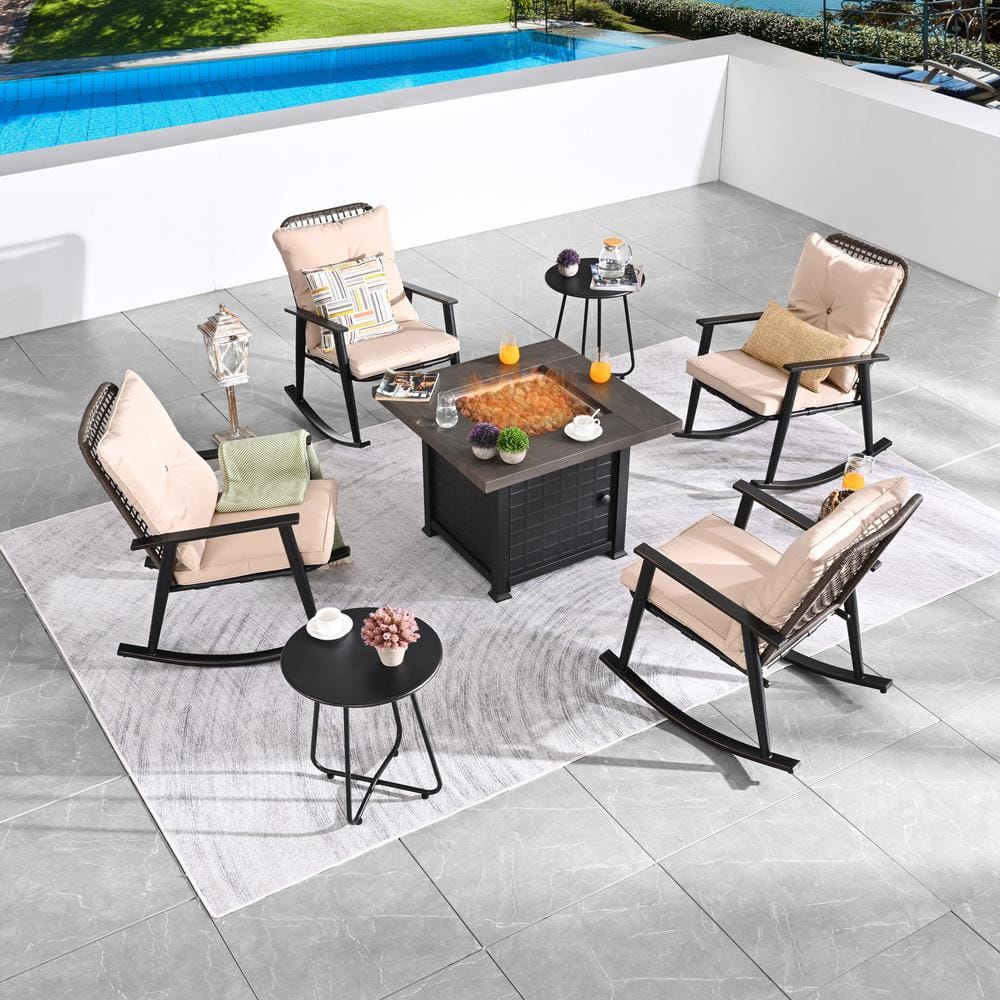 Patio Festival 7-Piece Metal Patio Conversation Set with Beige Cushions ...