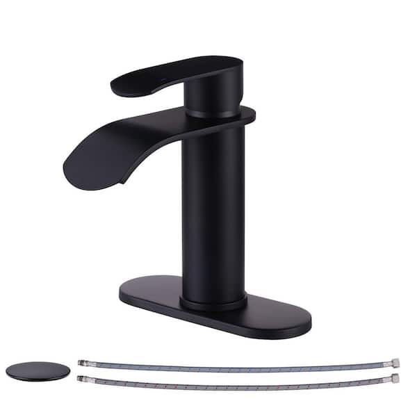 VEVETTA Single Handle Single Hole Bathroom Faucet with Deckplate and Waterfall Spout Included in Matte Black