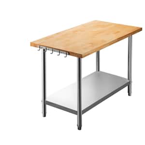 Sliver Wood Top 36 in. Stainless Steel Kitchen Prep Table with Lower Shelf and Feet Stainless Steel Table for Prep