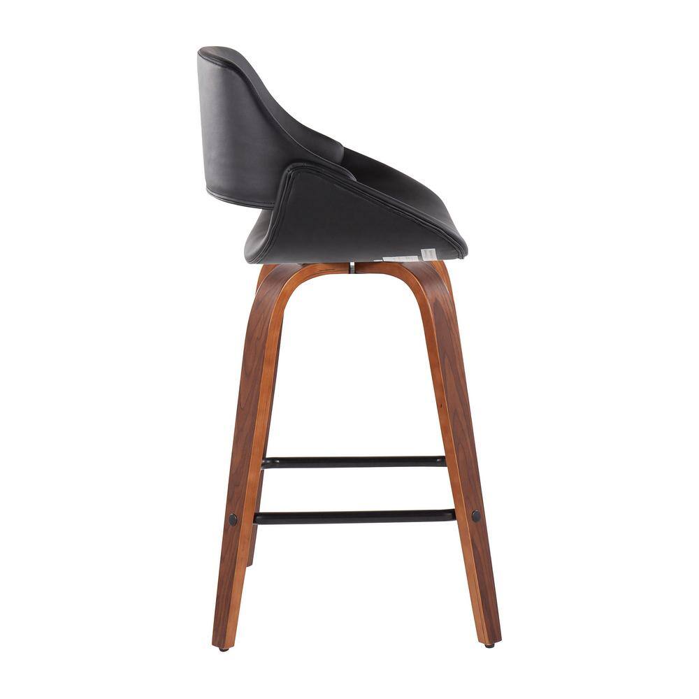 Flared Walnut Swivel Counter Stool with Black Upholstery, Set of 2
