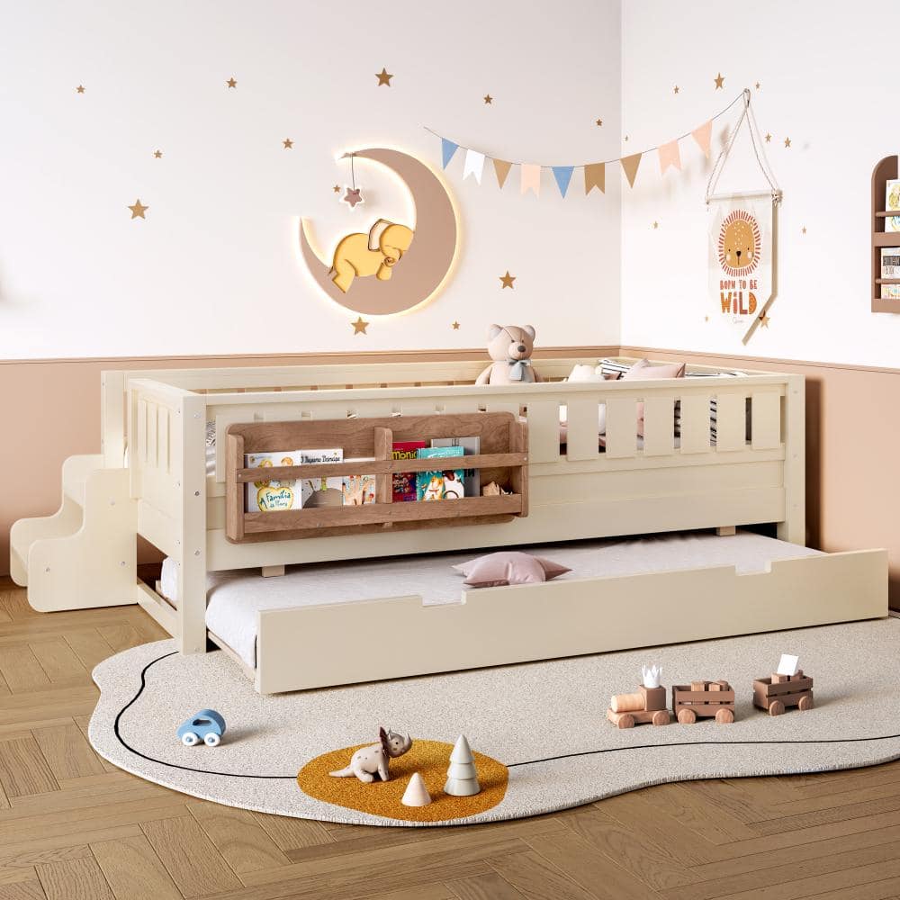 Beige Wood Frame Twin Size Platform Bed with Built-in Bookshelves,Staircase and Trundle