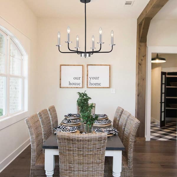 6-Light Rustic Black and Nickel Candlestick Hanging Island Linear Chandelier Pedant Light for Kitchen Island