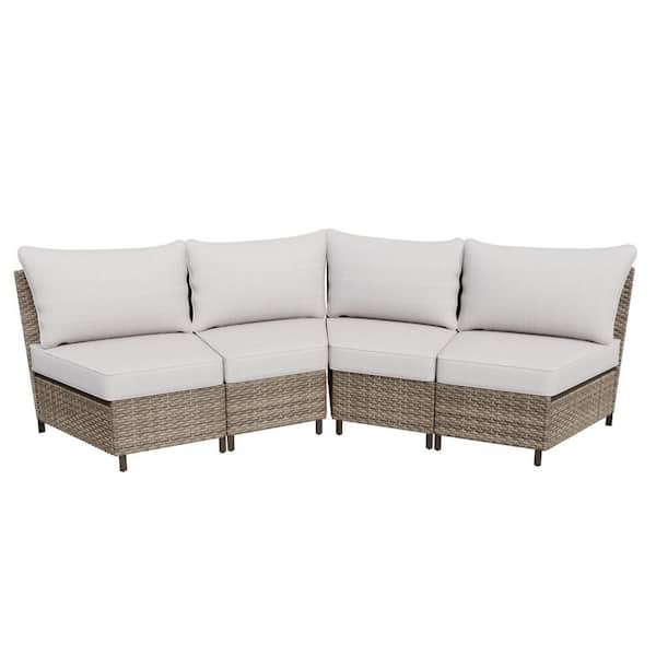 4-Seat Armless Brown Wicker Patio Outdoor Curved Sectional Sofa Set with Beige Cushions