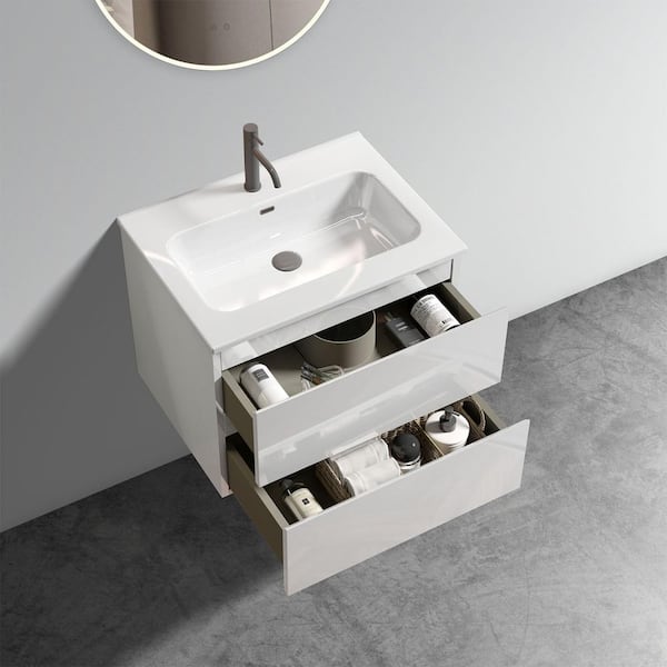 Tina 24 in. W Single Sink Wall Mount White Bath Vanity with White Ceramic Top Sink with Single Hole