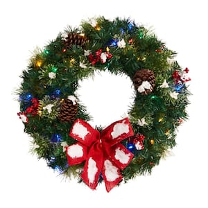 24 in. Green Pre-Lit Snow Tipped Berry and Pinecone Artificial Christmas Wreath with Bow and 50 Multi-Colored LED Lights