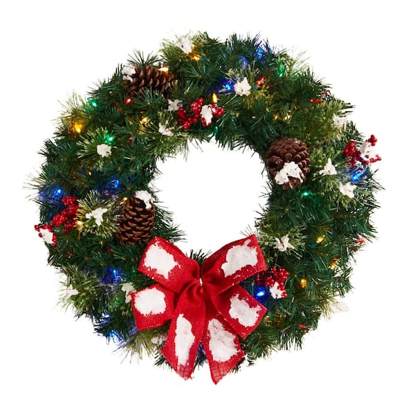 Nearly Natural 24 in. Green Pre-Lit Snow Tipped Berry and Pinecone Artificial Christmas Wreath with Bow and 50 Multi-Colored LED Lights