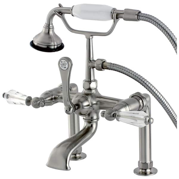Kingston Brass Crystal Lever 3-Handle Deck-Mount High-Risers Claw Foot Tub Faucet with Handshower in Brushed Nickel