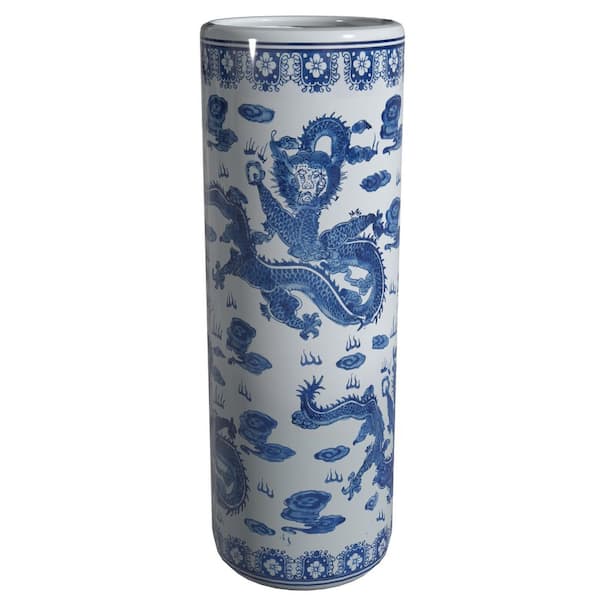 24 in. Oriental Furniture Dragon Blue and White Porcelain Umbrella Stand