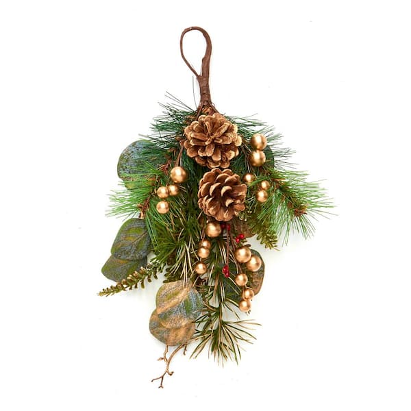 13 in. Green Leaves with Gold Berry Artificial Christmas Swag (Set of 3 ...